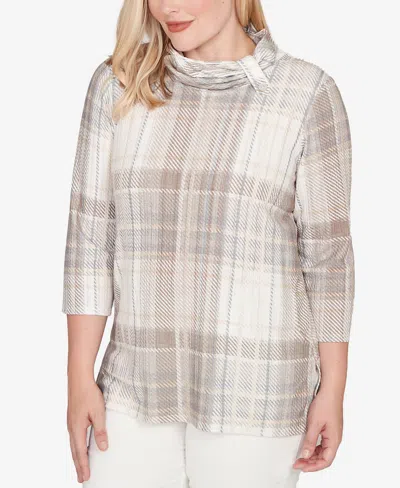 Alfred Dunner Petite Vienna Draped Cowl Neckline Plaid Knit Top In Neutral