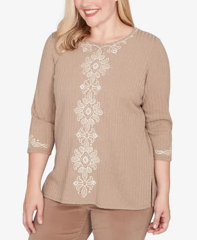 Alfred Dunner Vienna Embroidered Medallion Center Knit Top In Brown