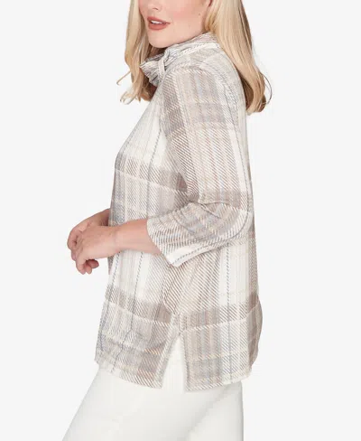 Alfred Dunner Petite Vienna Draped Cowl Neckline Plaid Knit Top In Neutral