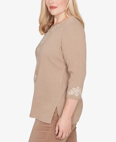 Alfred Dunner Vienna Embroidered Medallion Center Knit Top In Brown