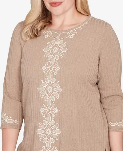 Alfred Dunner Vienna Embroidered Medallion Center Knit Top In Brown