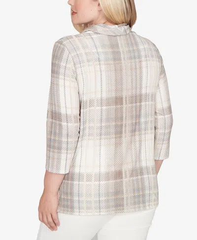 Alfred Dunner Petite Vienna Draped Cowl Neckline Plaid Knit Top In Neutral