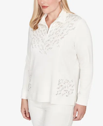 Alfred Dunner Vienna Womens Plus Mock Neck Long Sleeve Quarter-zip Pullover In White