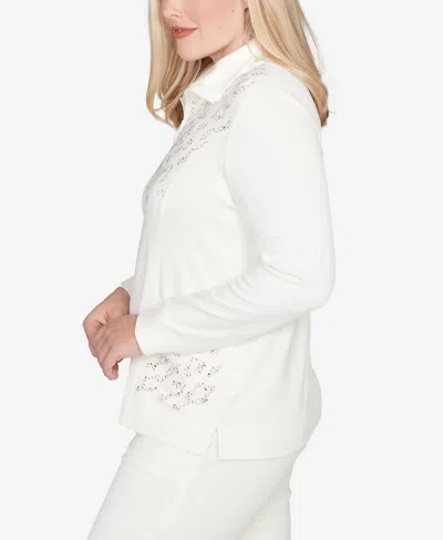 Alfred Dunner Vienna Womens Plus Mock Neck Long Sleeve Quarter-zip Pullover In White