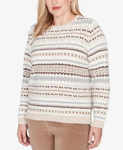 Alfred Dunner Vienna Womens Crew Neck Long Sleeve Striped Pullover Sweater In Brown