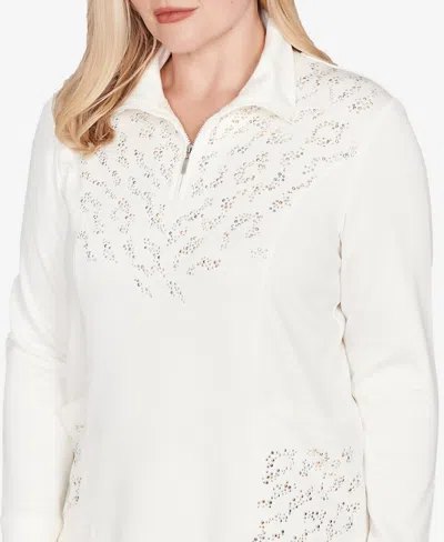 Alfred Dunner Vienna Womens Plus Mock Neck Long Sleeve Quarter-zip Pullover In White