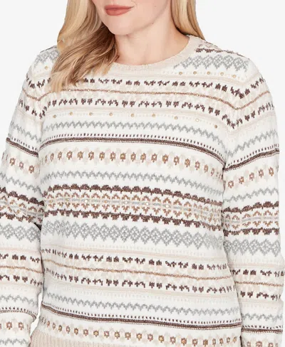 Alfred Dunner Vienna Womens Crew Neck Long Sleeve Striped Pullover Sweater In Brown