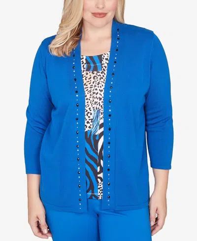 Alfred Dunner Petite Barcelona Vertical Animal Print Two In One Sweater In Blue