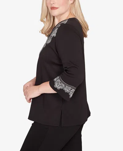 Alfred Dunner Barcelona Embroidered Scroll Accent Soft Knit Top In Black