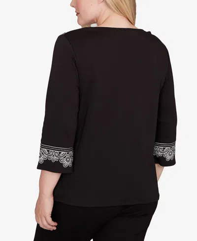 Alfred Dunner Barcelona Embroidered Scroll Accent Soft Knit Top In Black