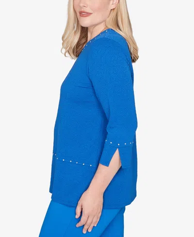 Alfred Dunner Barcelona Solid Floral Jacquard Knit Top In Blue