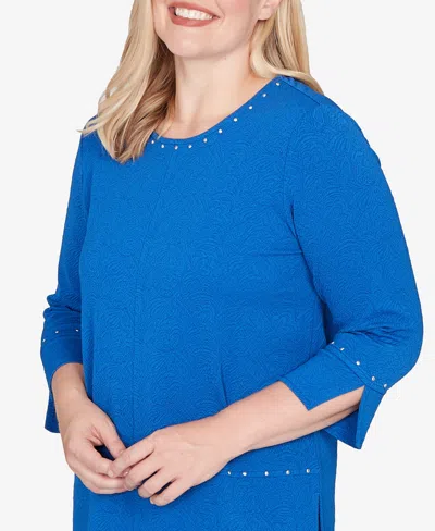 Alfred Dunner Barcelona Solid Floral Jacquard Knit Top In Blue