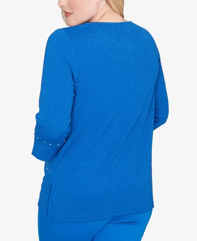 Alfred Dunner Barcelona Solid Floral Jacquard Knit Top In Blue