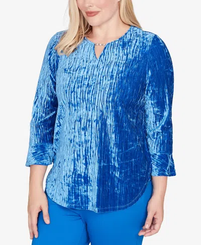 Alfred Dunner Barcelona Crushed Velvet Keyhole Bell Sleeve Top In Blue