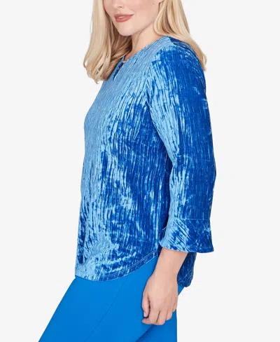 Alfred Dunner Barcelona Crushed Velvet Keyhole Bell Sleeve Top In Blue