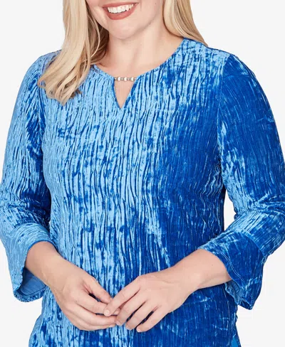 Alfred Dunner Barcelona Crushed Velvet Keyhole Bell Sleeve Top In Blue