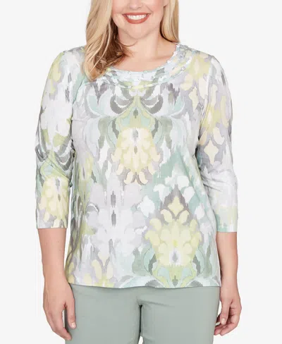 Alfred Dunner Petite Stockbridge Ikat Medallion Pattern Soft Knit Top In Green