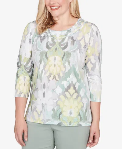 Alfred Dunner Petite Stockbridge Ikat Medallion Pattern Soft Knit Top In Green