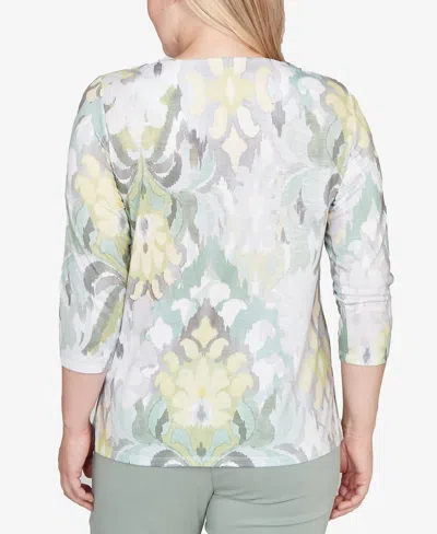 Alfred Dunner Petite Stockbridge Ikat Medallion Pattern Soft Knit Top In Green