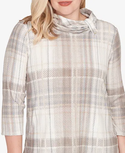 Alfred Dunner Petite Vienna Draped Cowl Neckline Plaid Knit Top In Multi