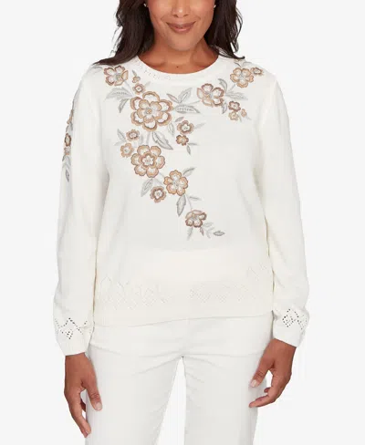 Alfred Dunner Petite Vienna Floral Embroidered Sweater In White