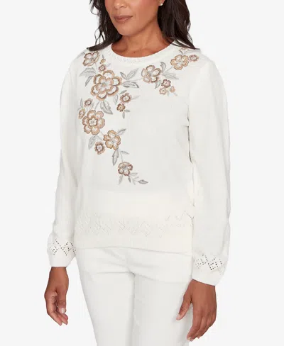 Alfred Dunner Petite Vienna Floral Embroidered Sweater In White