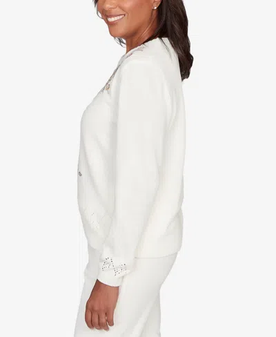 Alfred Dunner Petite Vienna Floral Embroidered Sweater In White