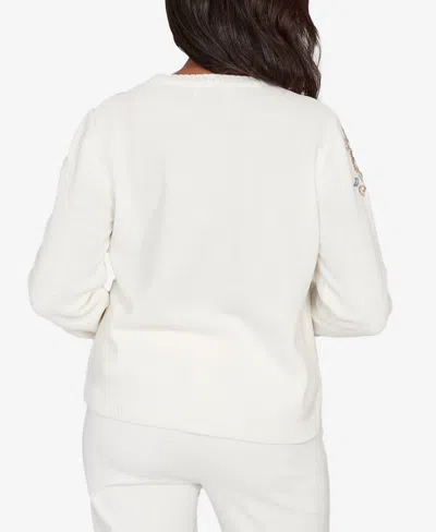 Alfred Dunner Petite Vienna Floral Embroidered Sweater In White