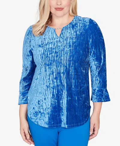 Alfred Dunner Barcelona Crushed Velvet Keyhole Bell Sleeve Top In Blue