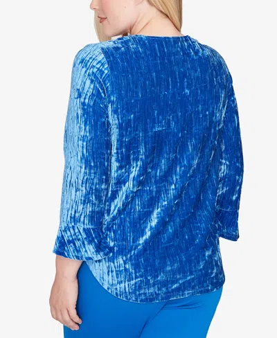 Alfred Dunner Barcelona Crushed Velvet Keyhole Bell Sleeve Top In Blue
