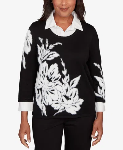 Alfred Dunner Petite Barcelona Dramatic Floral Two In One Sweater In Black