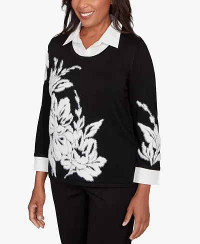 Alfred Dunner Petite Barcelona Dramatic Floral Two In One Sweater In Black