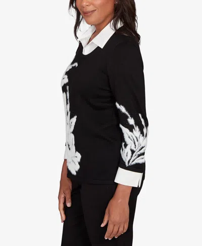 Alfred Dunner Petite Barcelona Dramatic Floral Two In One Sweater In Black