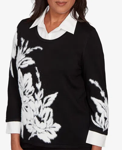 Alfred Dunner Petite Barcelona Dramatic Floral Two In One Sweater In Black