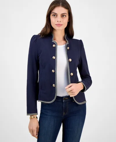 Tommy Hilfiger Women's Metallic-trim Band-collar Jacket In Blue