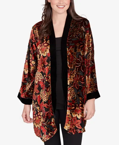 Ruby Rd. Petite Printed Velvet Burnout Open Cardigan Sweater In Multi