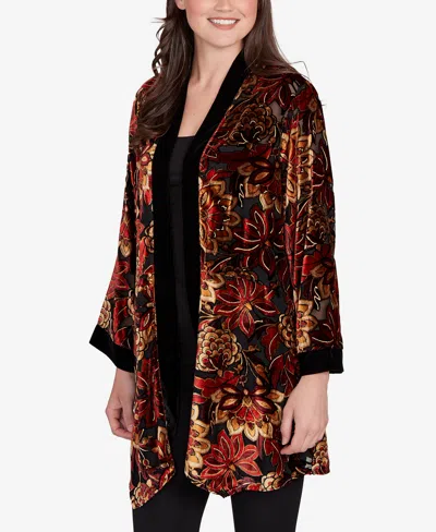 Ruby Rd. Petite Printed Velvet Burnout Open Cardigan Sweater In Multi