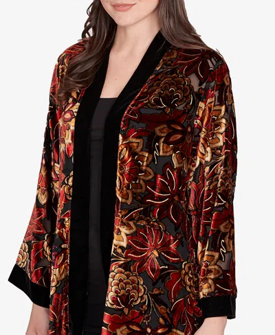 Ruby Rd. Petite Printed Velvet Burnout Open Cardigan Sweater In Multi