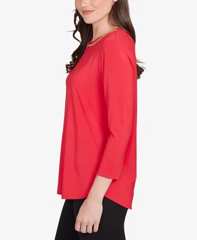 Ruby Rd. Petite Embellished Scoop Neck Solid Knit Top In Red