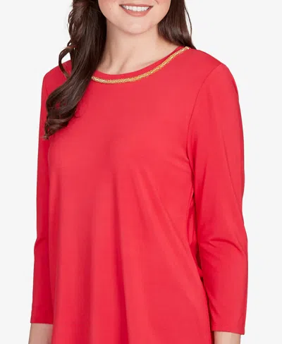 Ruby Rd. Petite Embellished Scoop Neck Solid Knit Top In Red