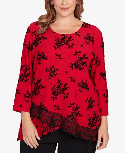 Ruby Rd. Plus Size Floral Flocked Texture Lace Trim Top In Red