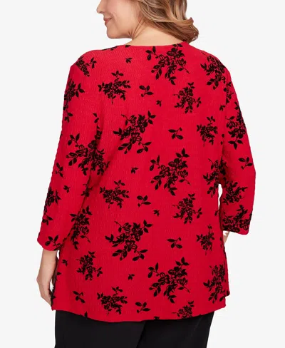 Ruby Rd. Plus Size Floral Flocked Texture Lace Trim Top In Red