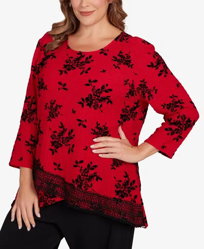 Ruby Rd. Plus Size Floral Flocked Texture Lace Trim Top In Red
