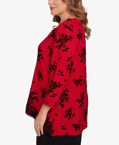 Ruby Rd. Plus Size Floral Flocked Texture Lace Trim Top In Red