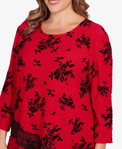 Ruby Rd. Plus Size Floral Flocked Texture Lace Trim Top In Red