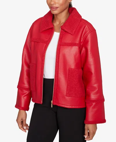 Ruby Rd. Petite Shearling Zip Front Jacket In Red