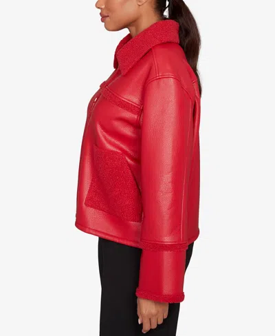 Ruby Rd. Petite Shearling Zip Front Jacket In Red