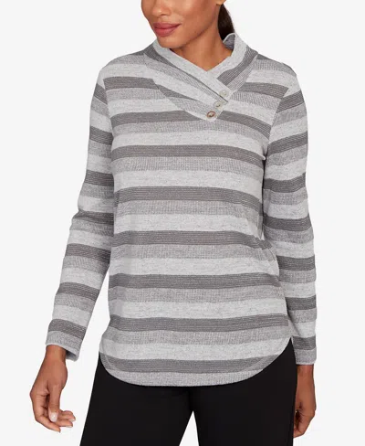 Ruby Rd. Petite Metallic Stripe Button Accent Knit Top In Gray