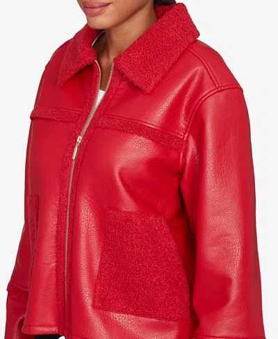 Ruby Rd. Petite Shearling Zip Front Jacket In Red