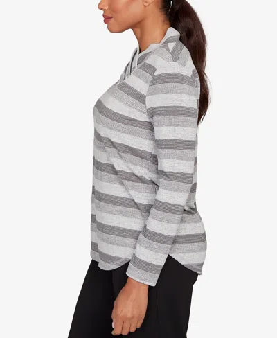 Ruby Rd. Petite Metallic Stripe Button Accent Knit Top In Gray